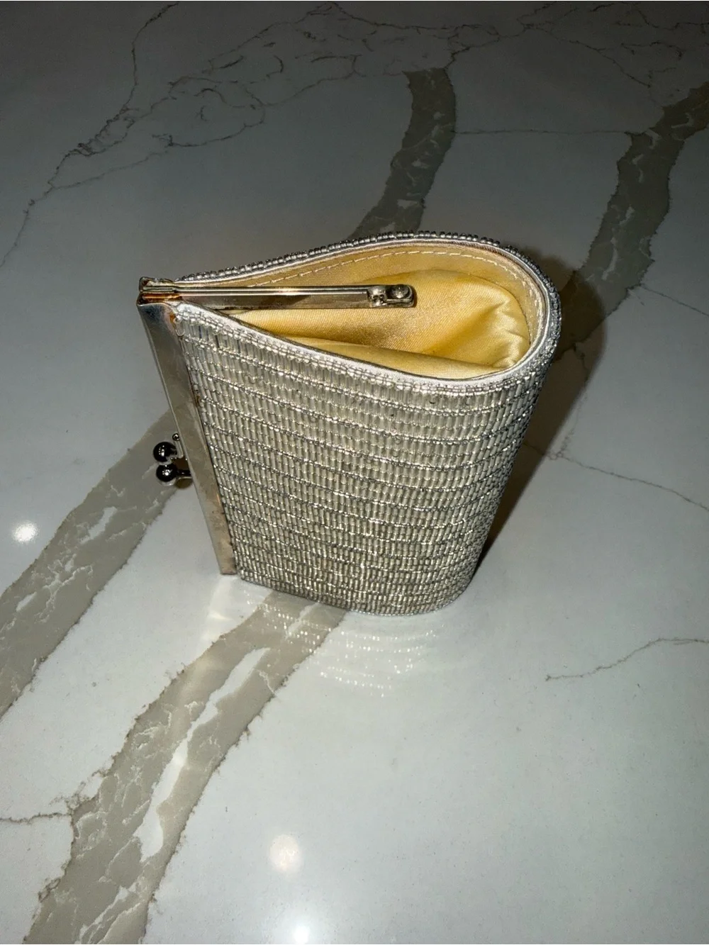 La Regale Vintage 80’s Silver Beaded Luxury Evening Clutch Metallic Clasp